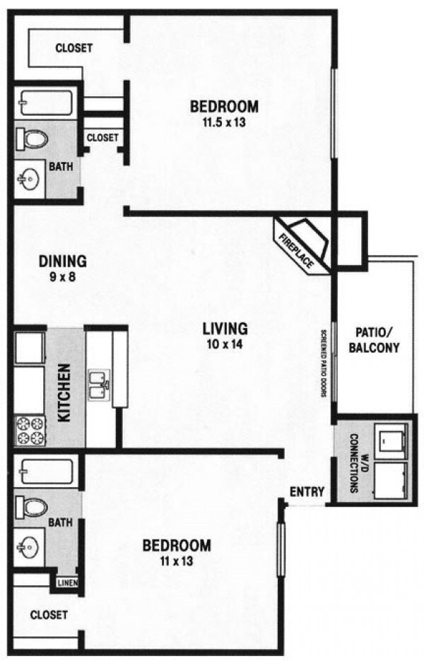 2Bed 2Bath 705 floor plan